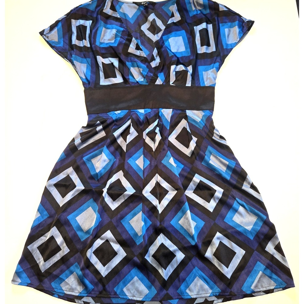 Express Y2K Silk Blend‎ Blue Black Geometric Short Sleeve Mini Dress Size Small